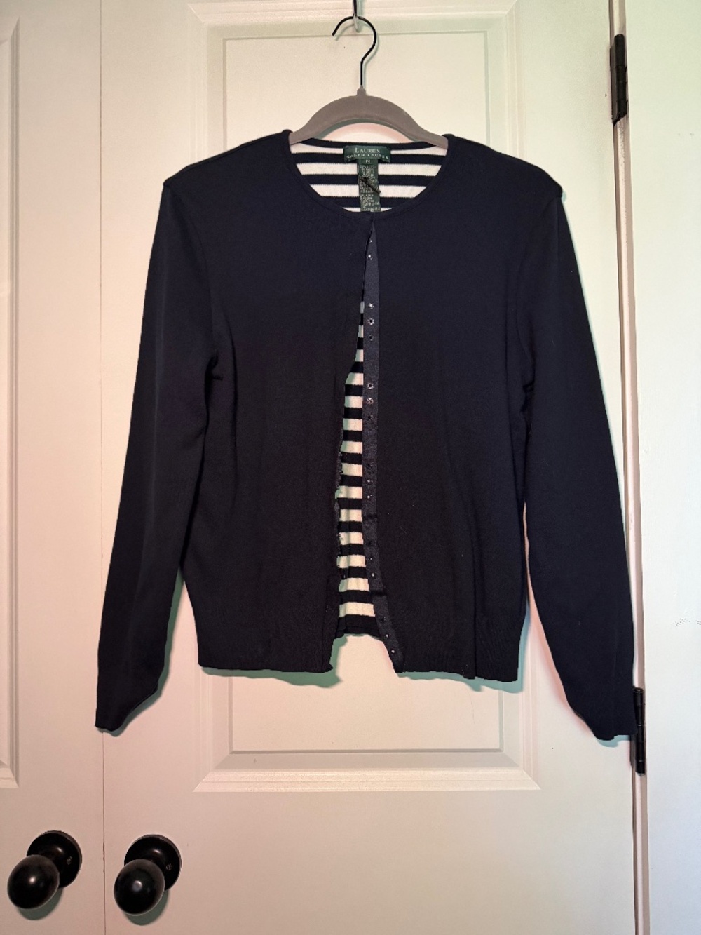 Lauren Ralph Lauren Navy Double Layer Cotton Knit Cardigan Preppy Coastal